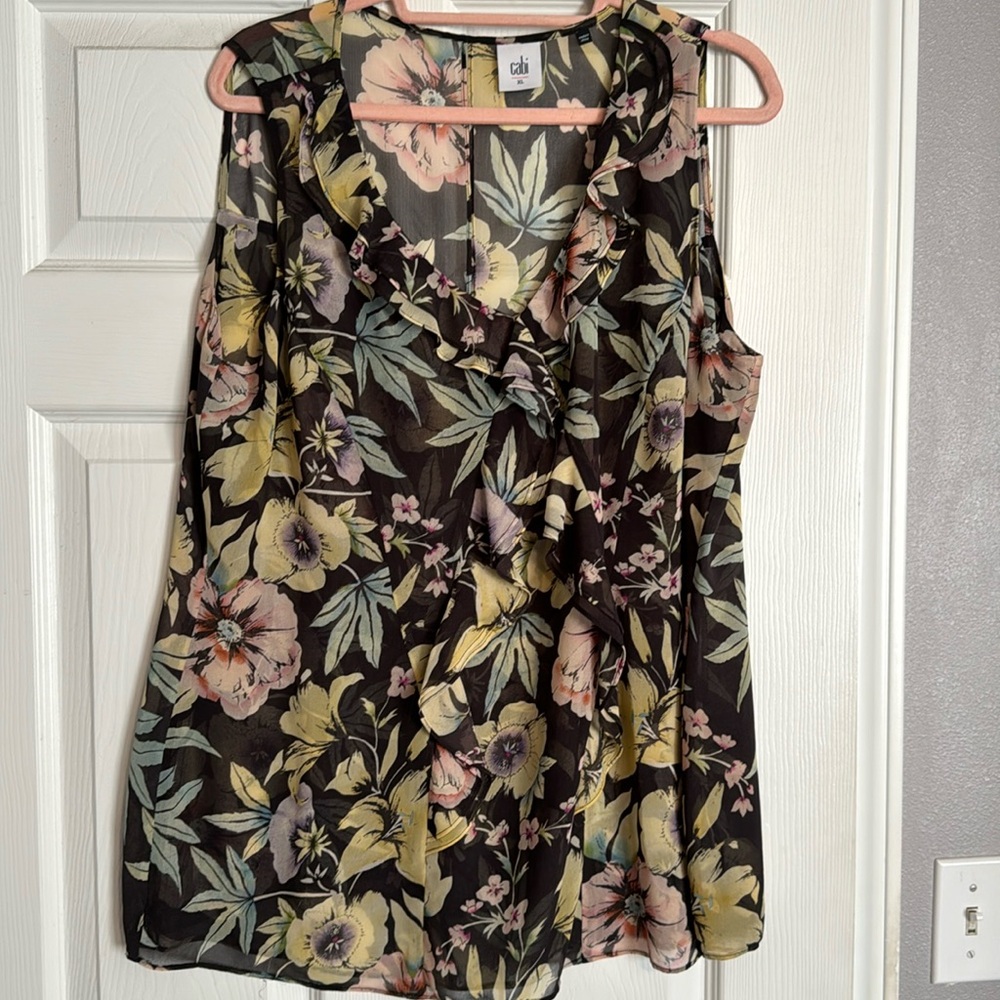 Cabi floral V-neck tank top size XL. Chiffon style with ruffle neck.